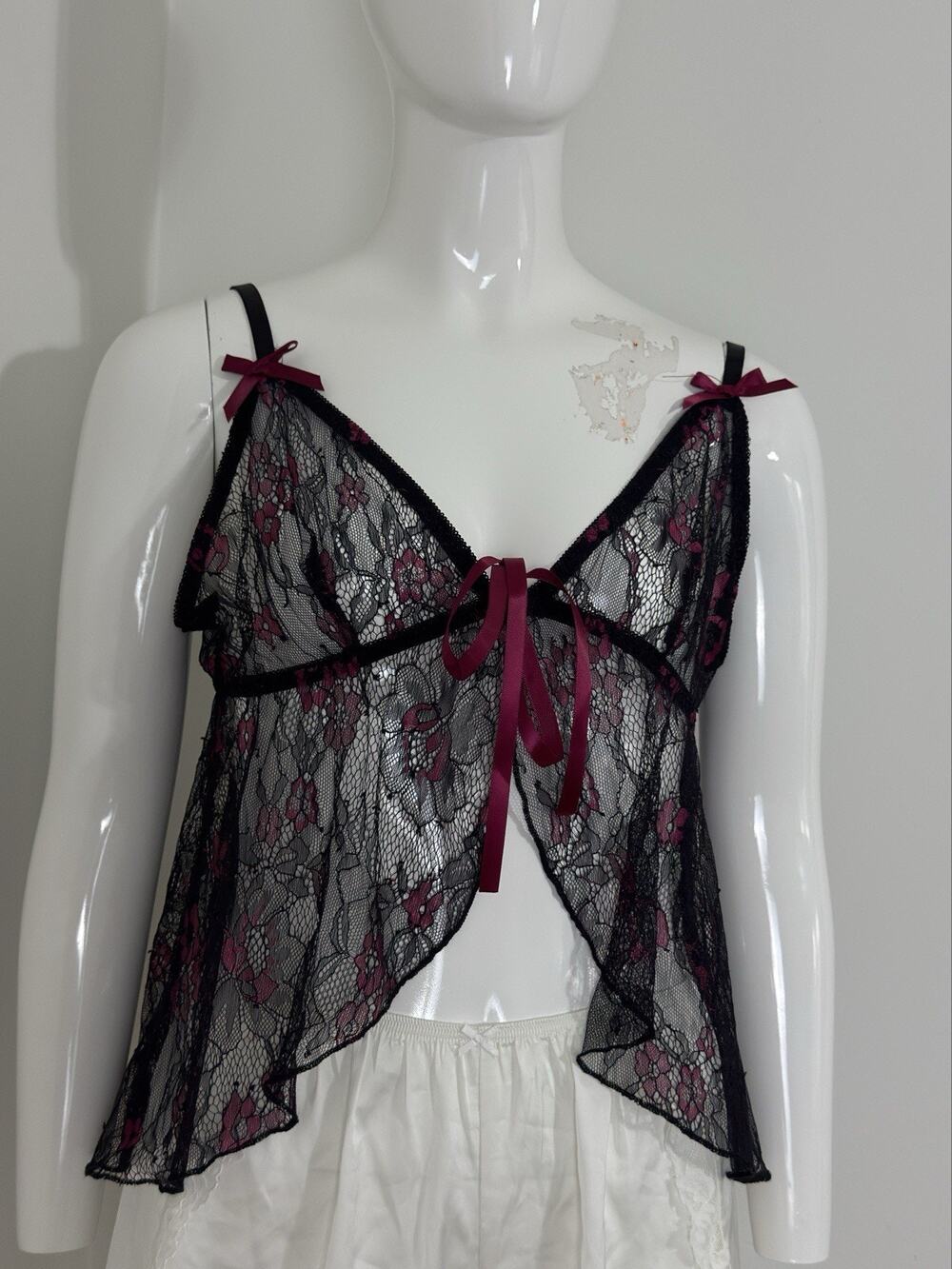 Women’s Whimsigoth Sleep Top Black Lace Babydoll Bows Floral Fairy Size XL